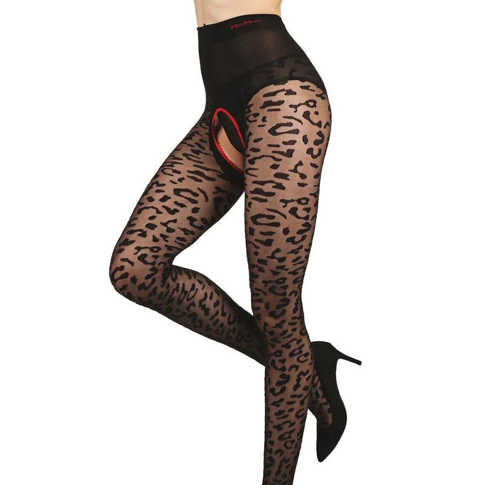 Pantyhose Crotchless Leopard Sheer Stockings Black L/XL MeMoi